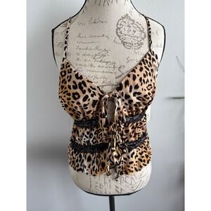 No Boundaries Leopard Print Lace Trim Tie Front Cami Top‎ - Size L